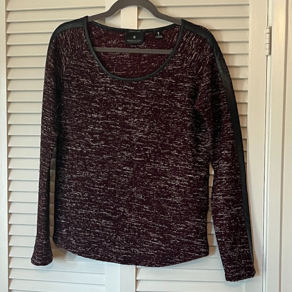 Scotch & Soda (Maison Scotch) Mixed Tweed Leather Trim Burgundy Sweater 1 small